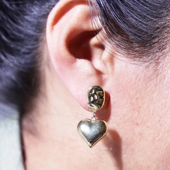 IRAMAT Metallic Heart Drop Earrings - Elegant Gold and Silver Variations | Moder - Picture 3 of 5